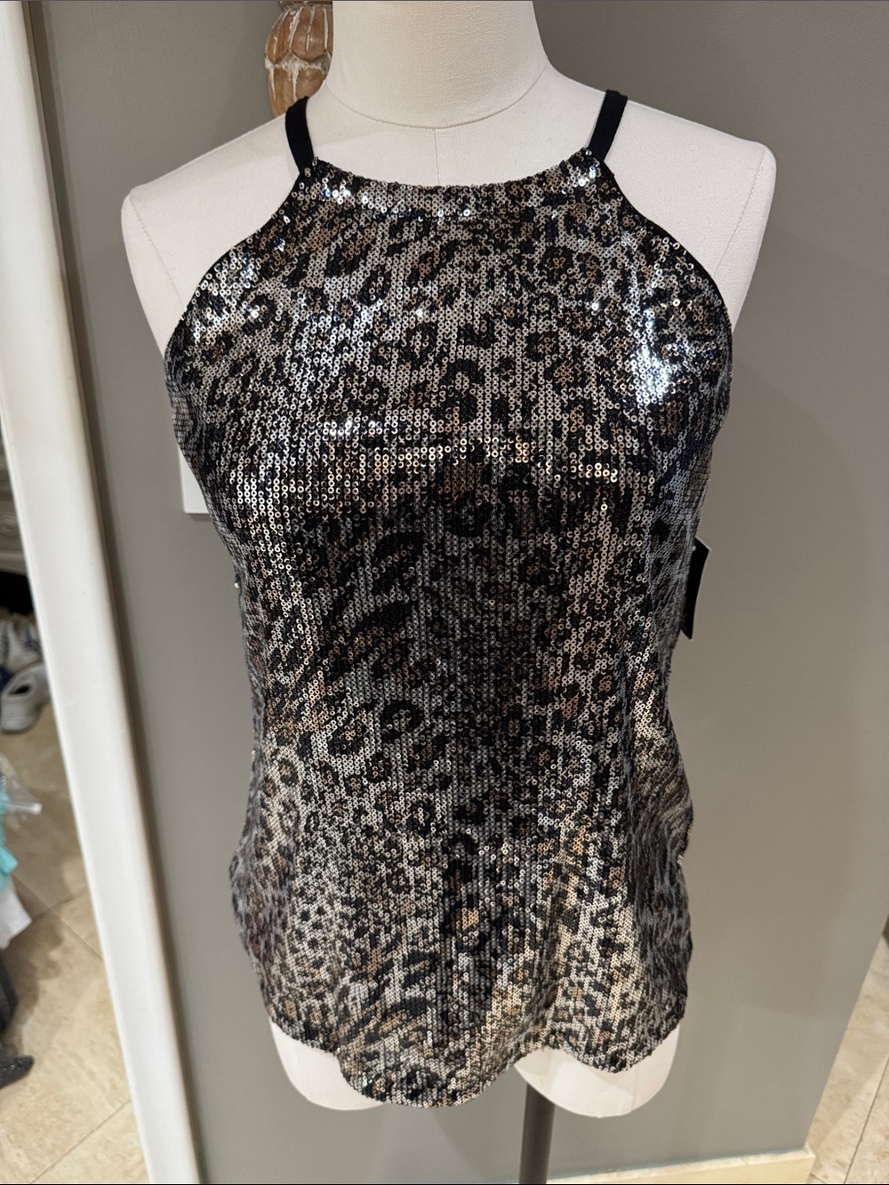 INC International Concepts Sequin Leopard Halter Tank - Black/Brown
